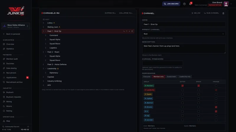 Mumble channels, groups & guests – screenshot